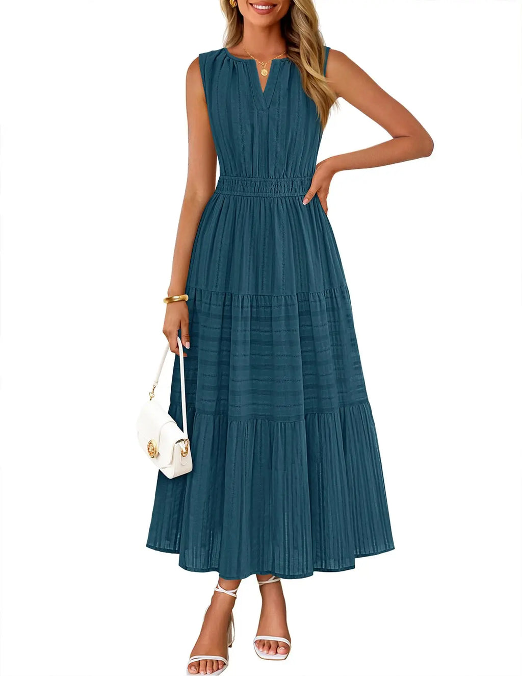 Womens Sleeveless V-Neck Boho Midi Maxi Dress With Pockets Casual Summer Beach Vacation Dress