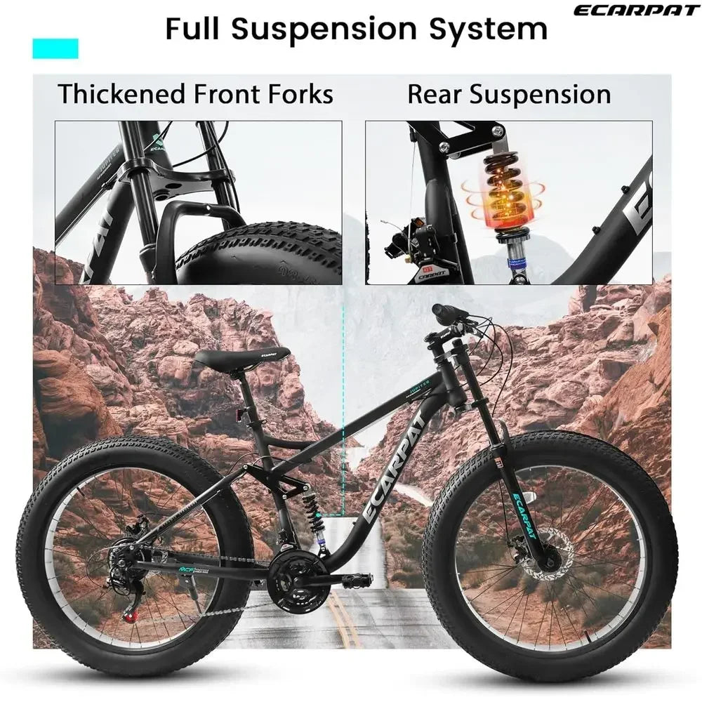 24 Full Suspension Mountain Bike, 21-Speed Dual Disc Brakes, Unisex Steel Frame, Ideal for Trails, Beach, and City Riding