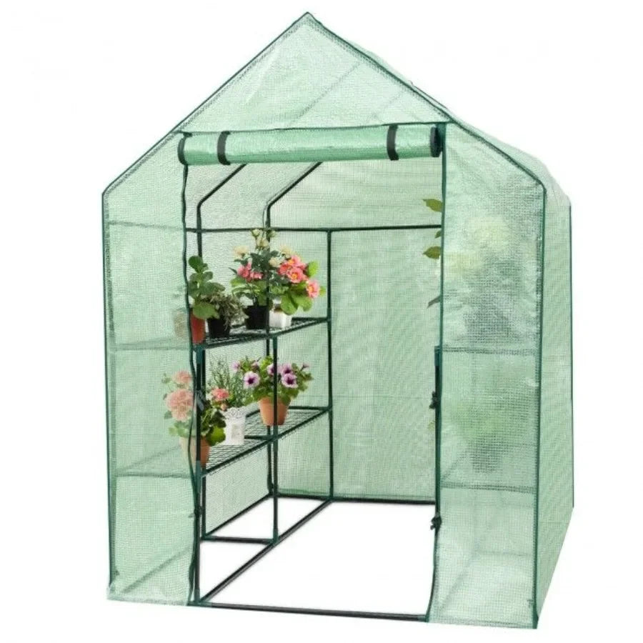Outdoor gardening plant greenhouse with 8 shelves, durable polycarbonate material, green color, UV-resistant and ventilated des