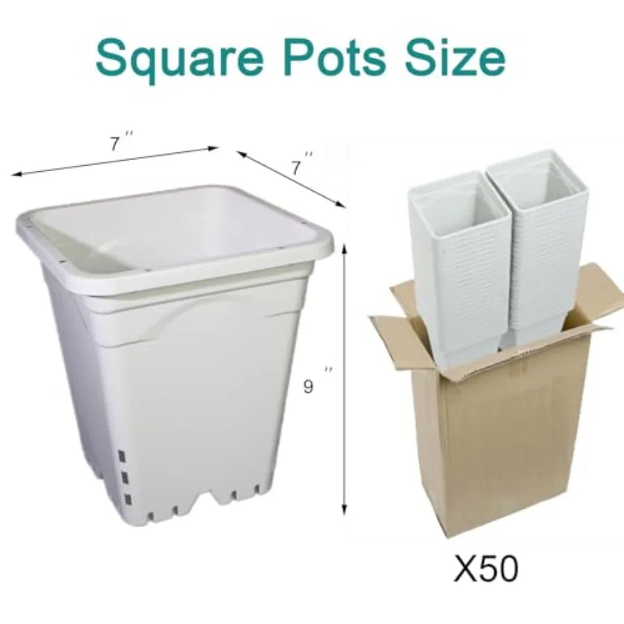 Square white pot for indoor plants, durable plastic, 7x7 base and 9 tall, pack of 50
