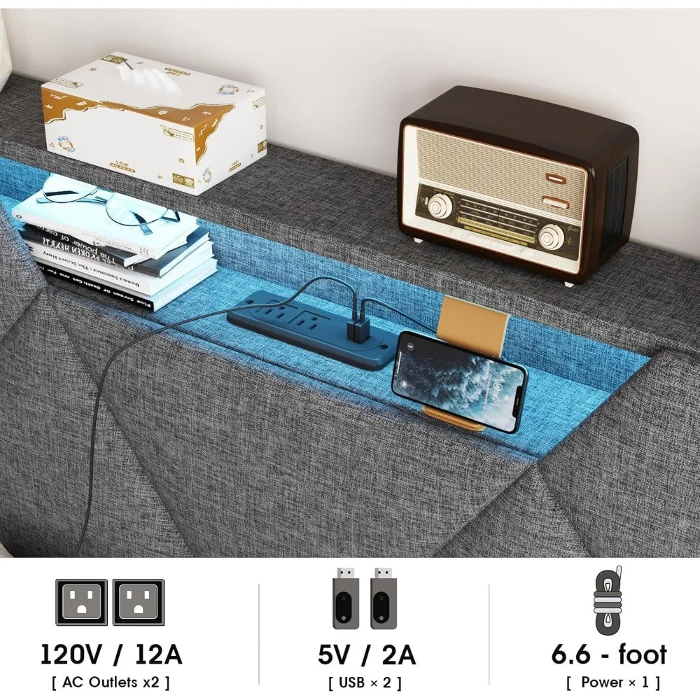 Twin Bed Frame with Storage Headboard and 4 Drawers,Upholstered Platform with Charging Station and Led Lights,Adjustable
