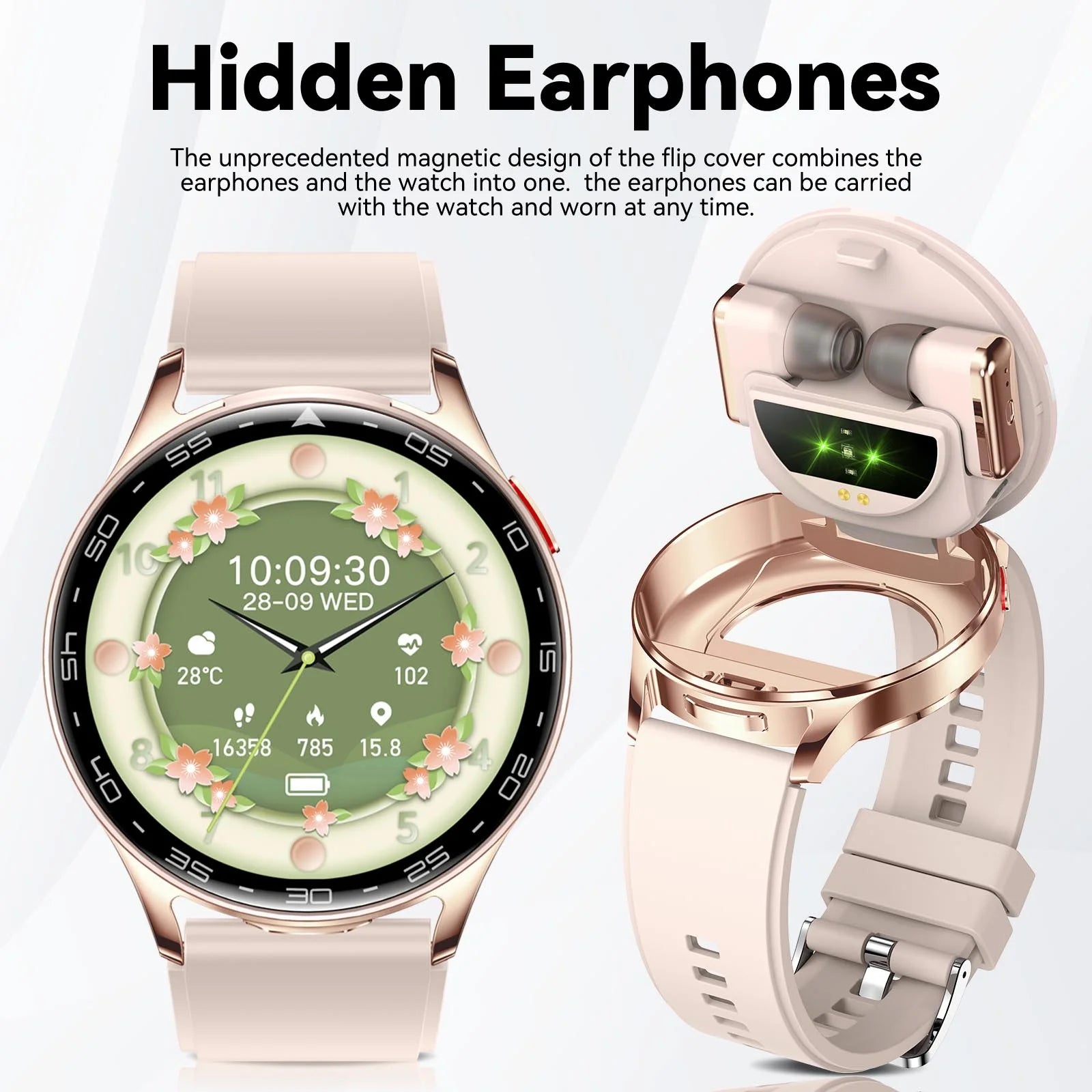 EIGIIS 2026 2-in-1 Smart Watch with Hidden Earbuds 1.39"IPS HD Screen 280mAh Sports Fitness Tracker Heart Rate Monitor for Women