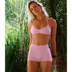 Comper 2 Pcs Workout Sets for Women Halter Strappy Sports Bra with Seamless Ribbed Gym Yoga shorts Outfits