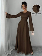 Elegant Ivory A-Line Satin Maxi Dress With Cinched Waist And Flare Sleeves
