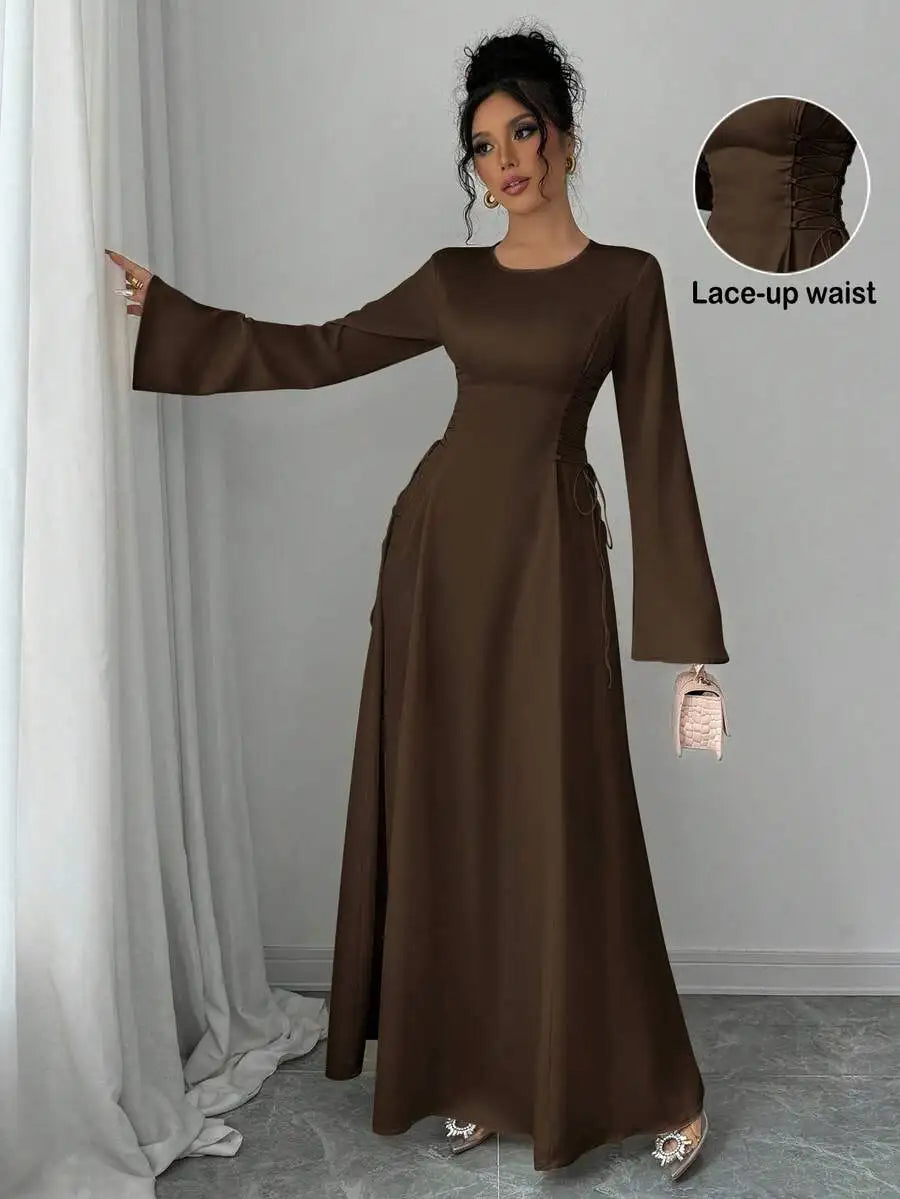 Elegant Ivory A-Line Satin Maxi Dress With Cinched Waist And Flare Sleeves