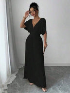 Deep V Neck Pleated Elegant Floor Length Dress For Women Summer