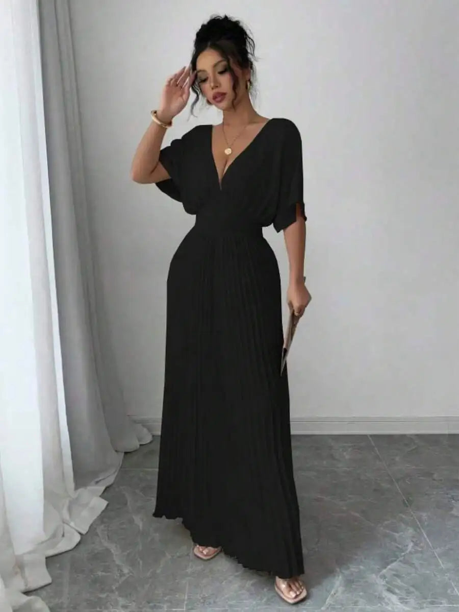 Deep V Neck Pleated Elegant Floor Length Dress For Women Summer