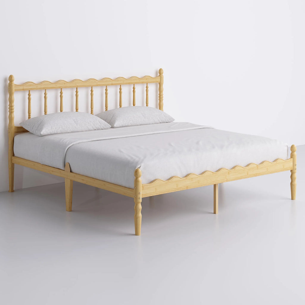 Twin XL Bamboo Platform Bed Frame With Scalloped Headboard 14 Inch Height Metal Slat Support