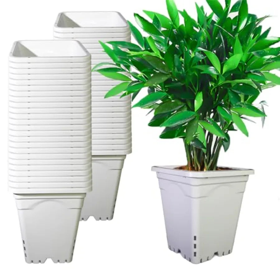 Square white pot for indoor plants, durable plastic, 7x7 base and 9 tall, pack of 50