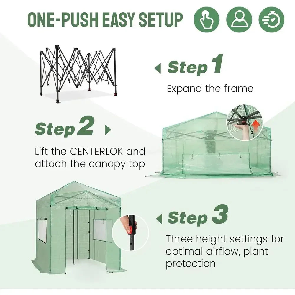 Portable 8x6 Greenhouse for Outdoor Gardening with Steel Frame, PE Cover, Roll-Up Door, and Mesh Vent Windows - Green