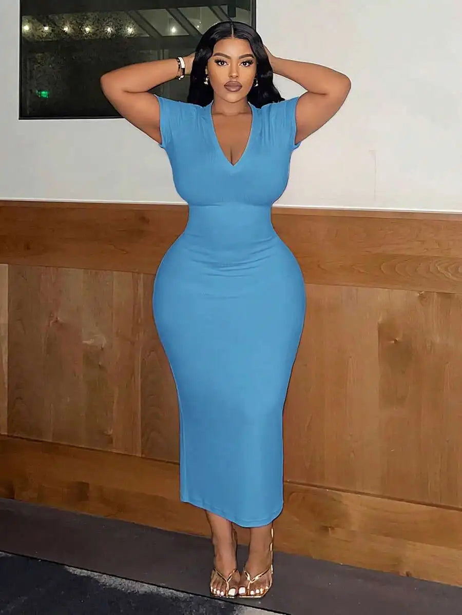 Women Plus Size V-Neck Short Sleeve Bodycon Midi Dress