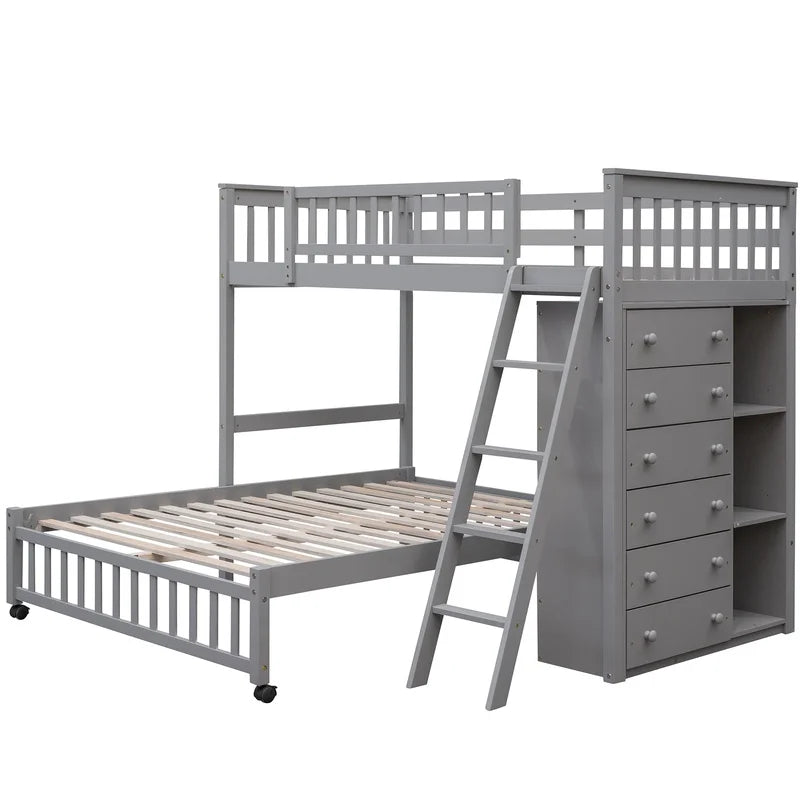 Gray Wooden Twin Over Full Bunk Bed with 6 Drawers and Adjustable Shelves, Bottom Bed on Wheels