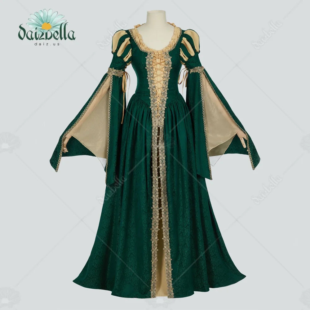 US Stock DAIZBELLA Women Medieval Renaissance Costume Pseudo-two-piece Vintage Renaissance Fair Dress with Wide Sleeves Lace