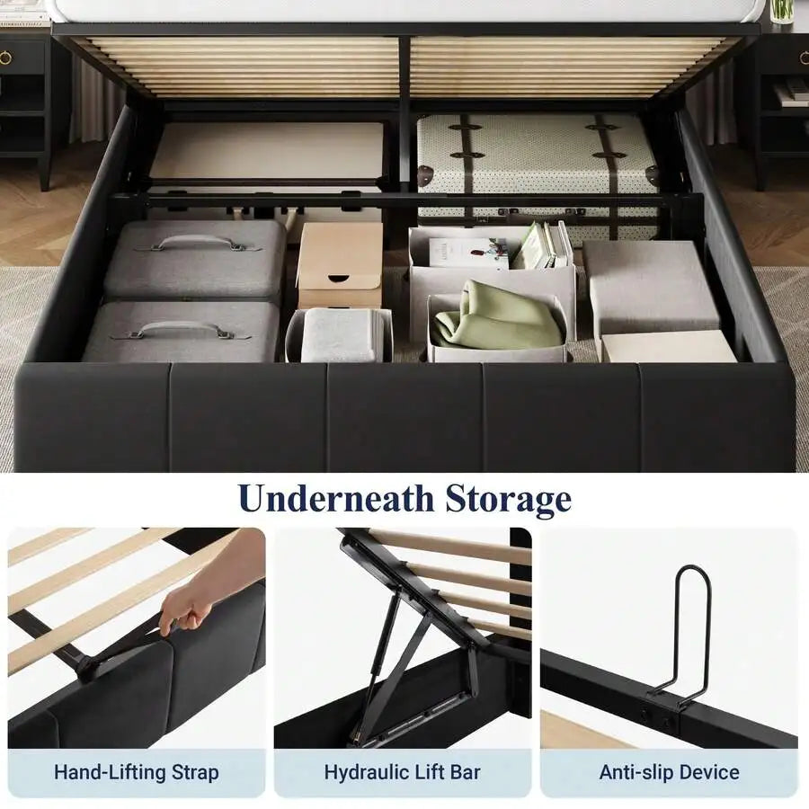 Full/Queen/King Size Velvet Lift Up Storage Bed Frame, Vertical Channel Tufted Headboard, Hydrualic Underneath Storage, Upholstered Platform Bed, Wooden Slats Support, No Box Spring Needed, Black