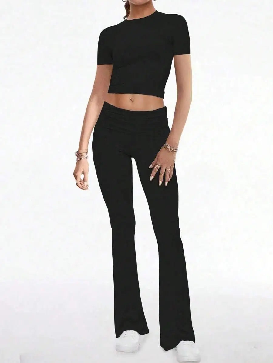 Womens Two Piece Casual Sport Set Round Neck Short Sleeve Top And Straight Pants