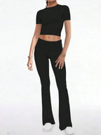 Womens Two Piece Casual Sport Set Round Neck Short Sleeve Top And Straight Pants