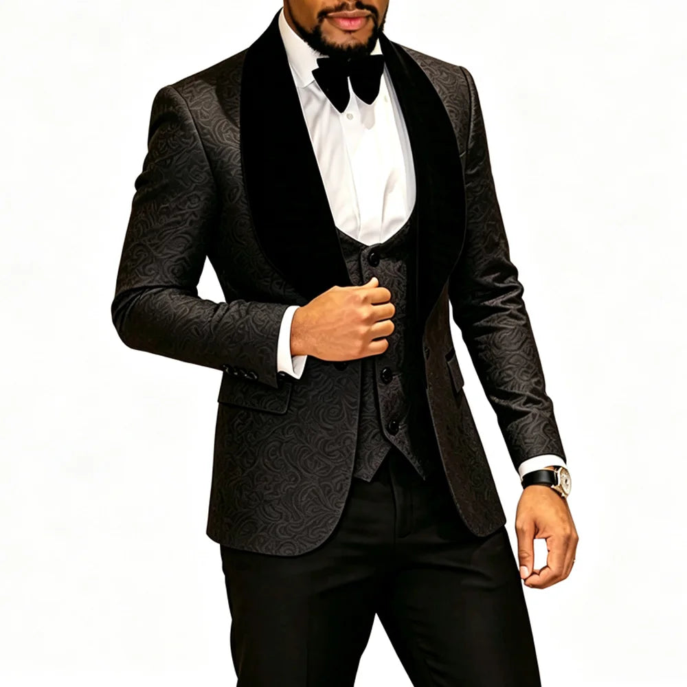 Mens 3 Piece Floral Tuxedo, Jacquard Slim Suit Set, Paisley Blazer Vest And Pants For Prom Wedding