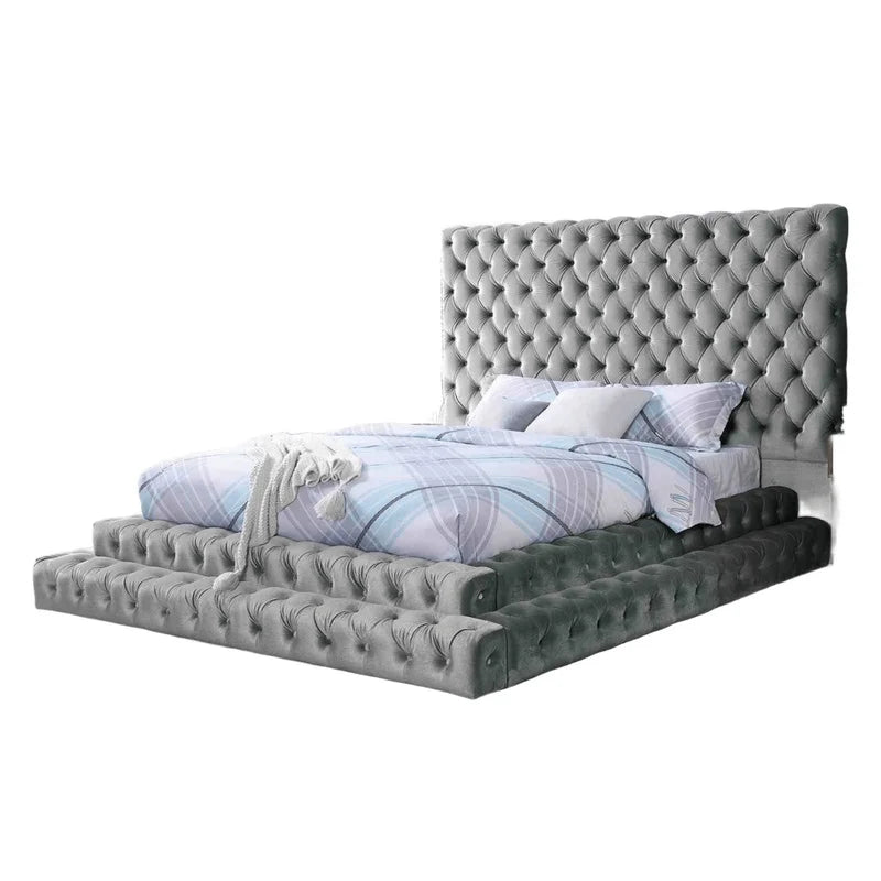 Gray King Size Platform Bed with Tufted Headboard, Modern Upholstered Frame, Contemporary Bedroom Furniture