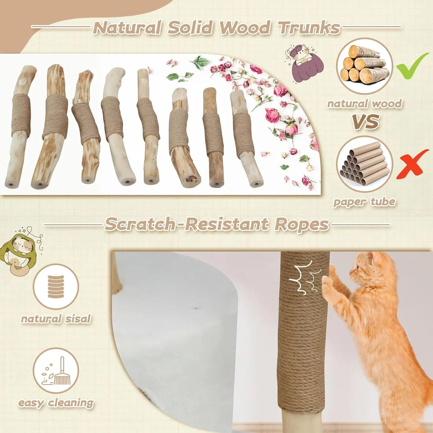 Indoor Use, Solid Wood Material, Boho Color Scheme, Luxury Multi - Level Cat Furniture with Condo and Basket
