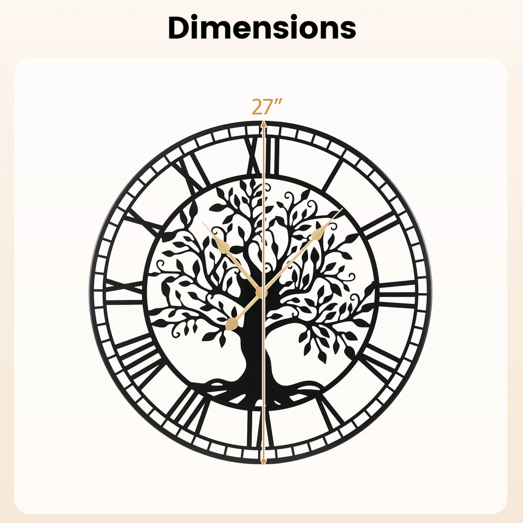 Large Wall Clock, 27” Tree of Life Big Metal Clock, Non-Ticking Decorative Clock