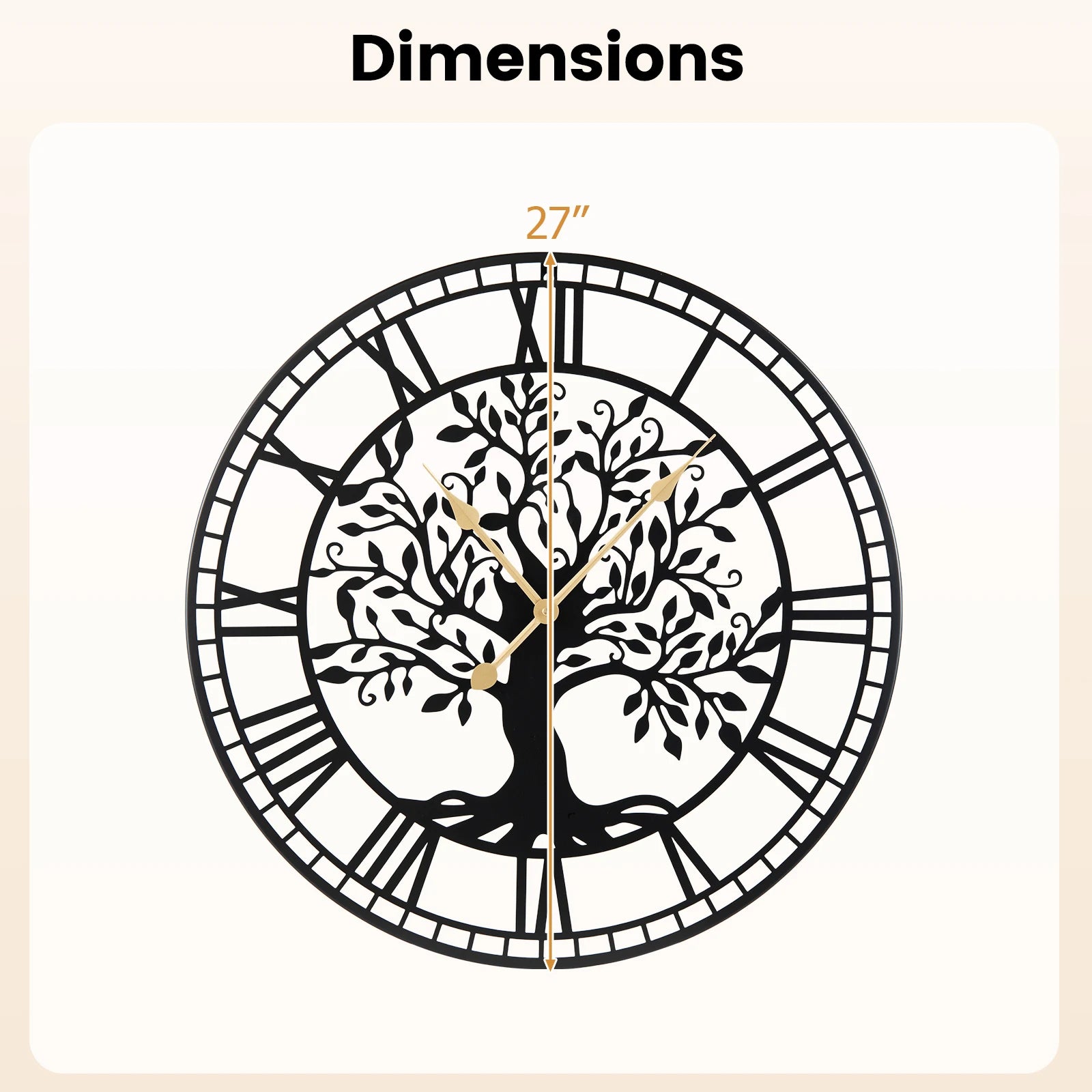 Large Wall Clock, 27” Tree of Life Big Metal Clock, Non-Ticking Decorative Clock