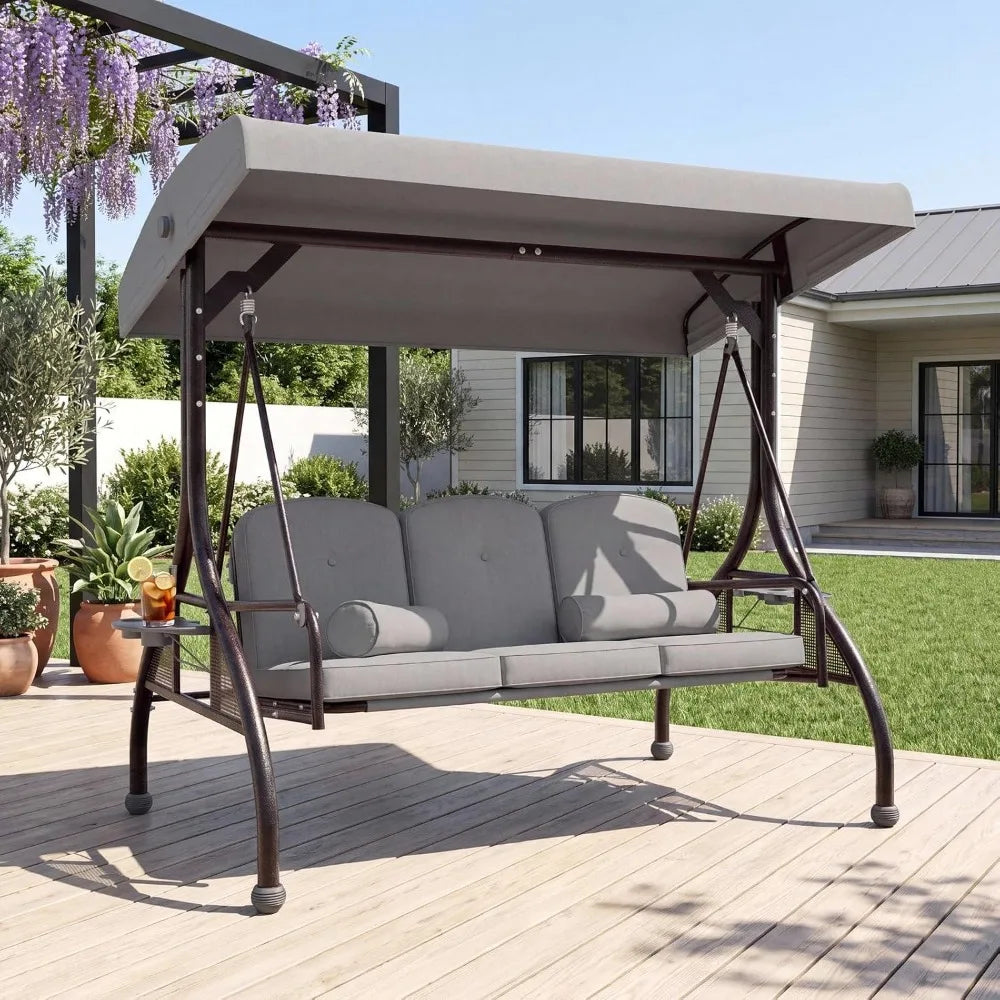 Adjustable Canopy Porch Swing, 800 lbs Capacity, 3-Seat with Cup Holder and Cushions, Ideal for Yard or Garden, Grey