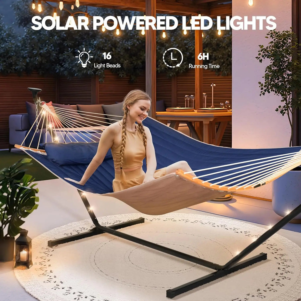 Outdoor 2 Person Hammock with 12 ft Stand and Solar Powered Lights in Dark Blue, Portable