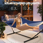 Outdoor 2 Person Hammock with 12 ft Stand and Solar Powered Lights in Dark Blue, Portable