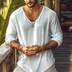 Summer Men Casual Slim Long Sleeve Shirt Linen Breathable V-neck Plus Size Daily Vacation Wear