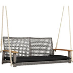 Outdoor 2-Person Porch Swing with Cushion and Ropes, Durable PE Rattan, Up to 800 lbs, Ideal for Patio, Garden (Black)