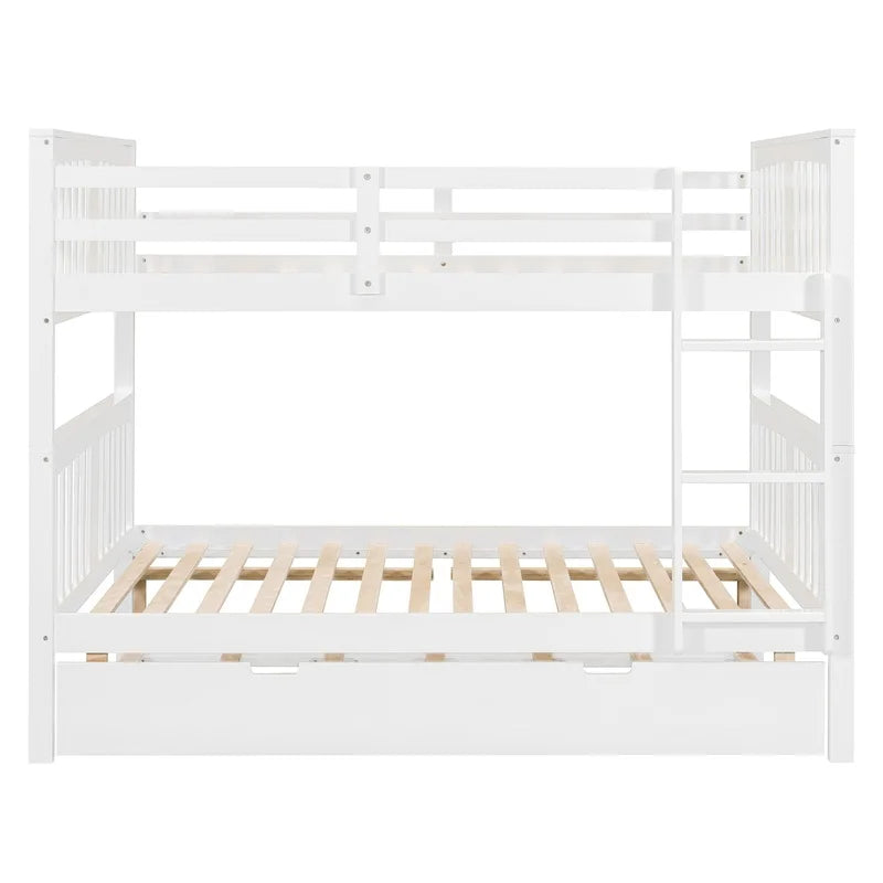 White Full Over Full Bunk Bed with Twin Trundle and Ladder