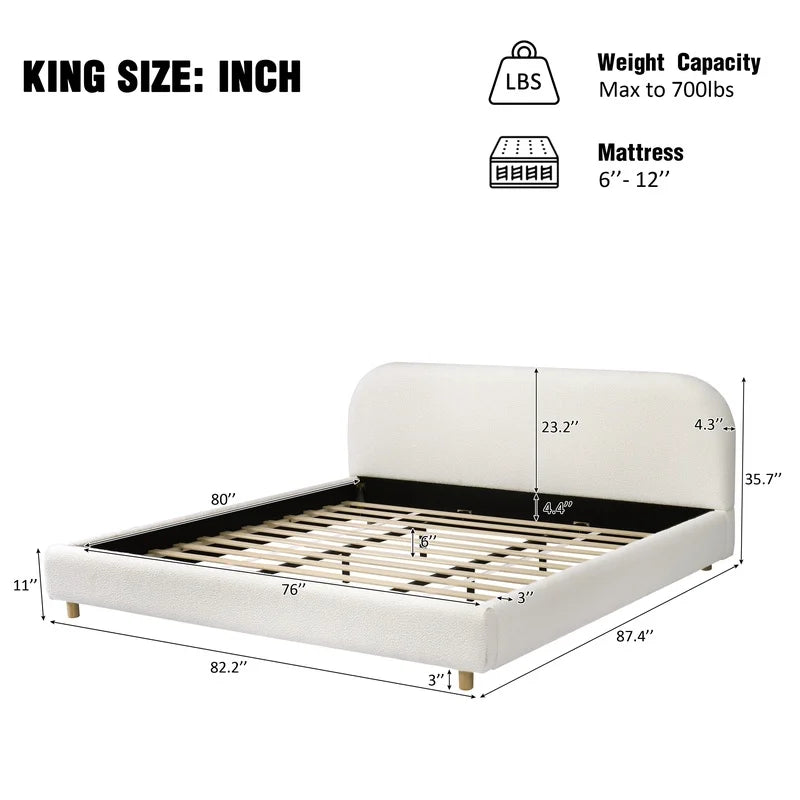 White King Size Upholstered Bed with Curved Headboard and Solid Wood Legs