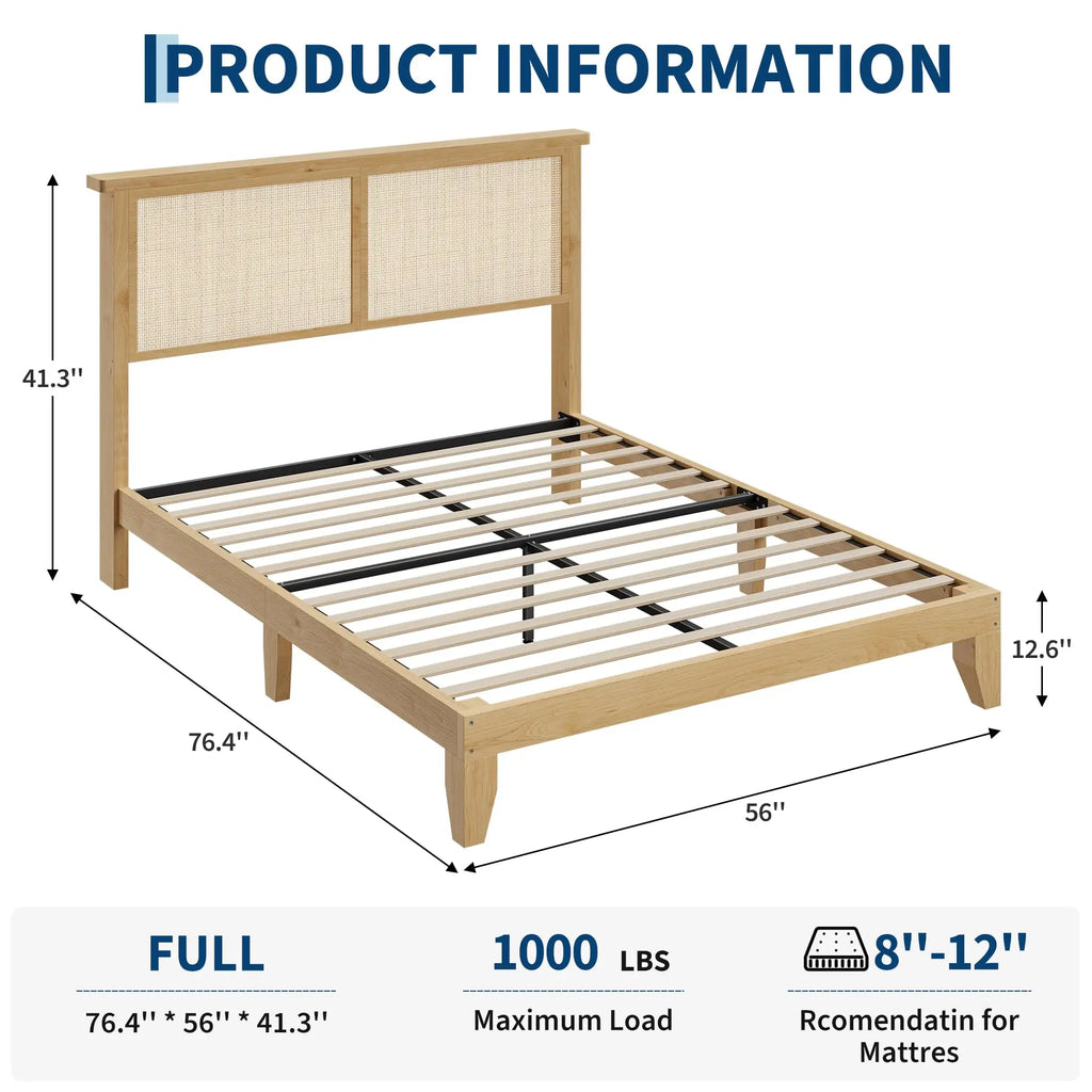 Boho Style Rattan Bed Frame with Natural Headboard & RGB LED Lights - Storage Headboard, Plain Wood Platform, Noise-Free Slats, No Box Spring Needed - Full