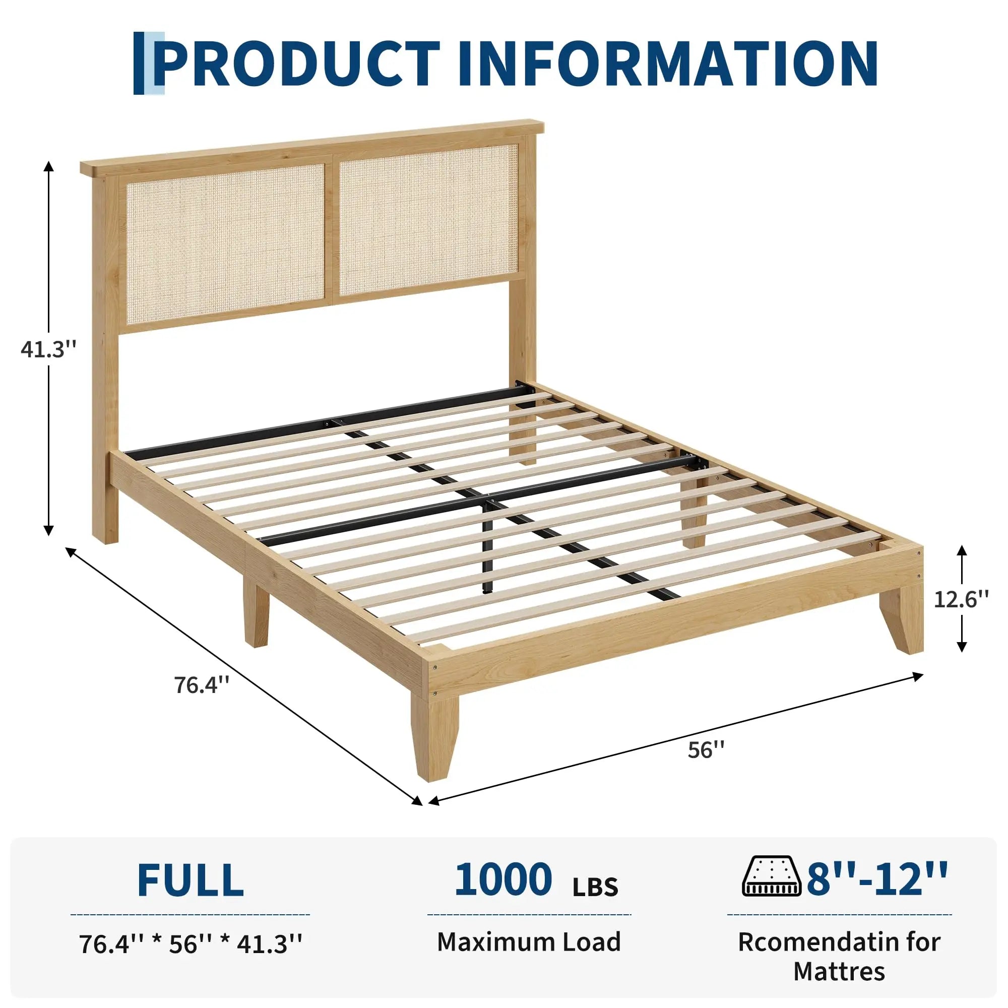 Boho Style Rattan Bed Frame with Natural Headboard & RGB LED Lights - Storage Headboard, Plain Wood Platform, Noise-Free Slats, No Box Spring Needed - Full