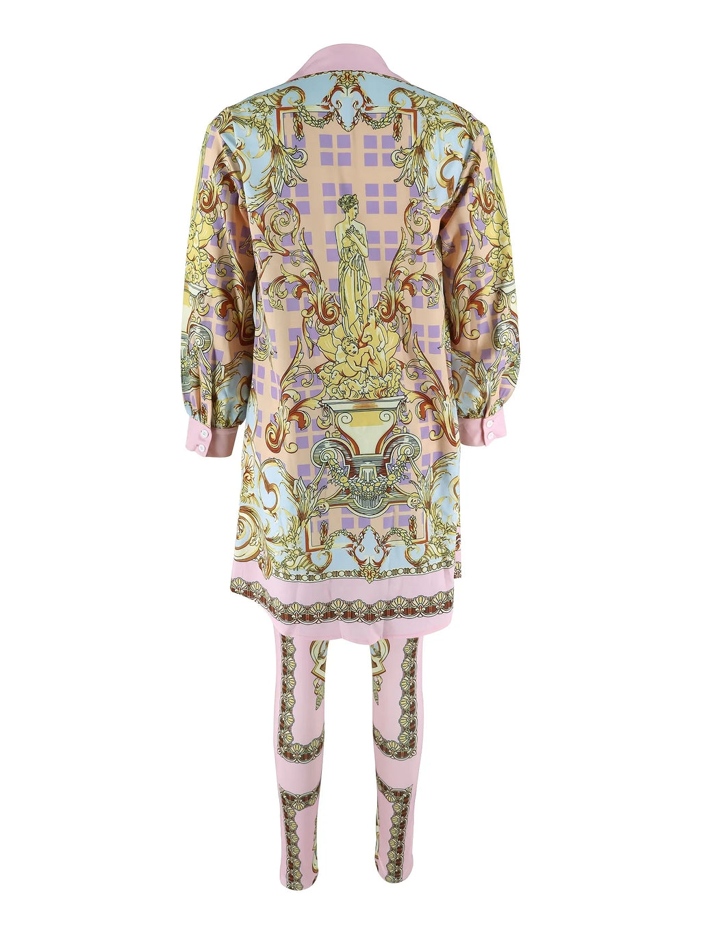 Women 2 Piece Set Ornate Print Long Sleeve Button Shirt Top Pants Outfit Elegant Casual Vacation Matching Set