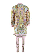 Women 2 Piece Set Ornate Print Long Sleeve Button Shirt Top Pants Outfit Elegant Casual Vacation Matching Set