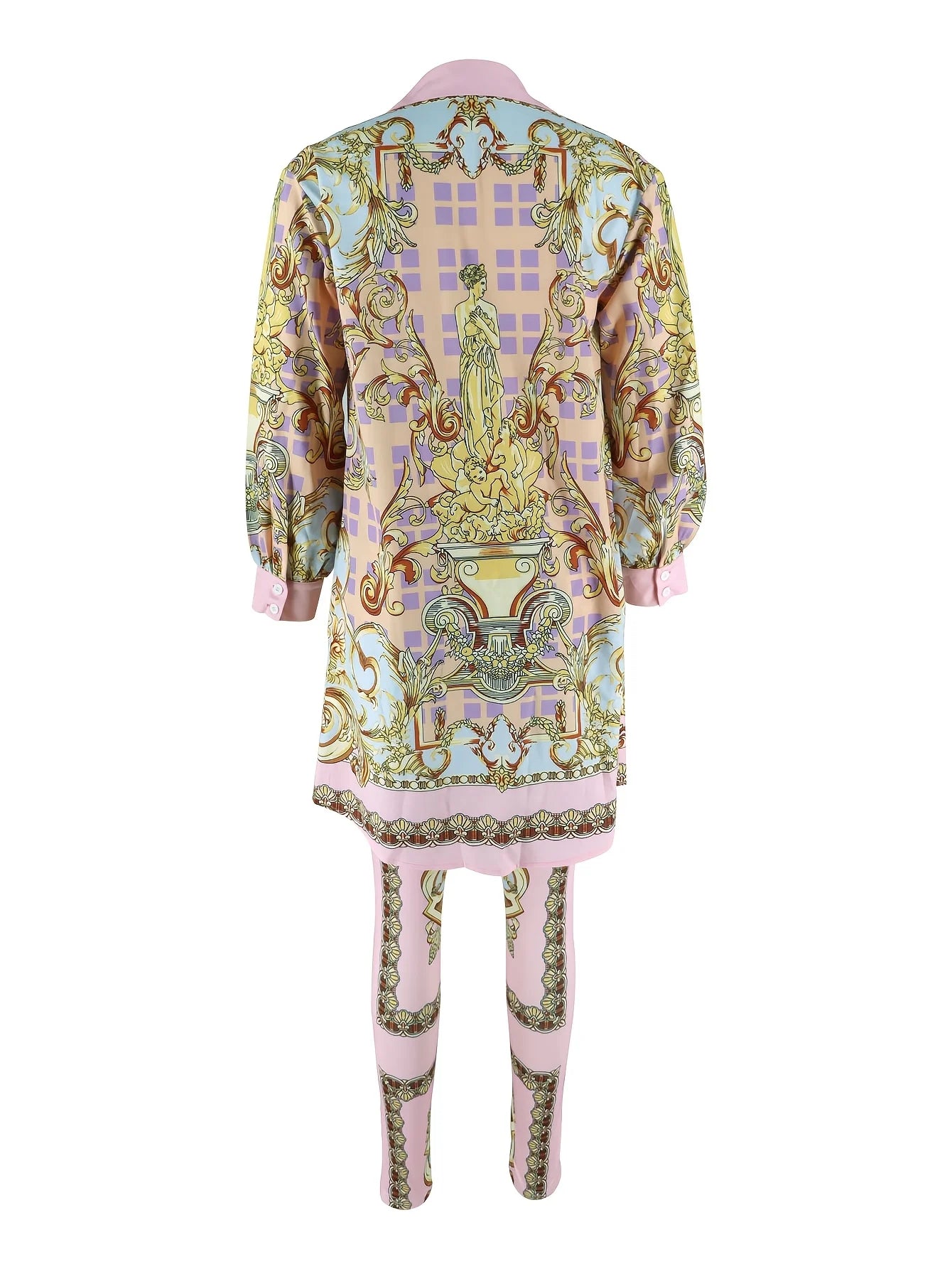 Women 2 Piece Set Ornate Print Long Sleeve Button Shirt Top Pants Outfit Elegant Casual Vacation Matching Set