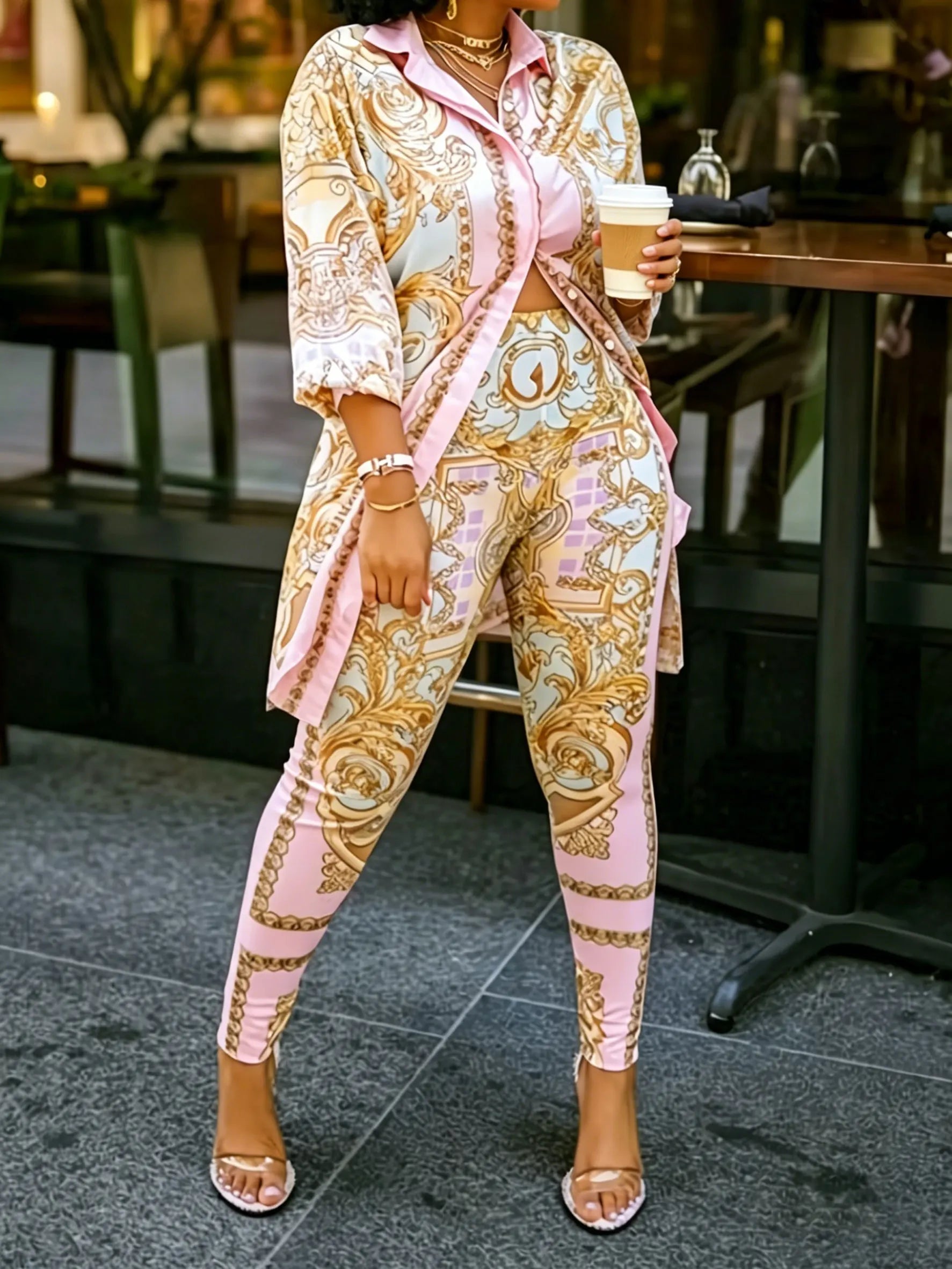 Women 2 Piece Set Ornate Print Long Sleeve Button Shirt Top Pants Outfit Elegant Casual Vacation Matching Set