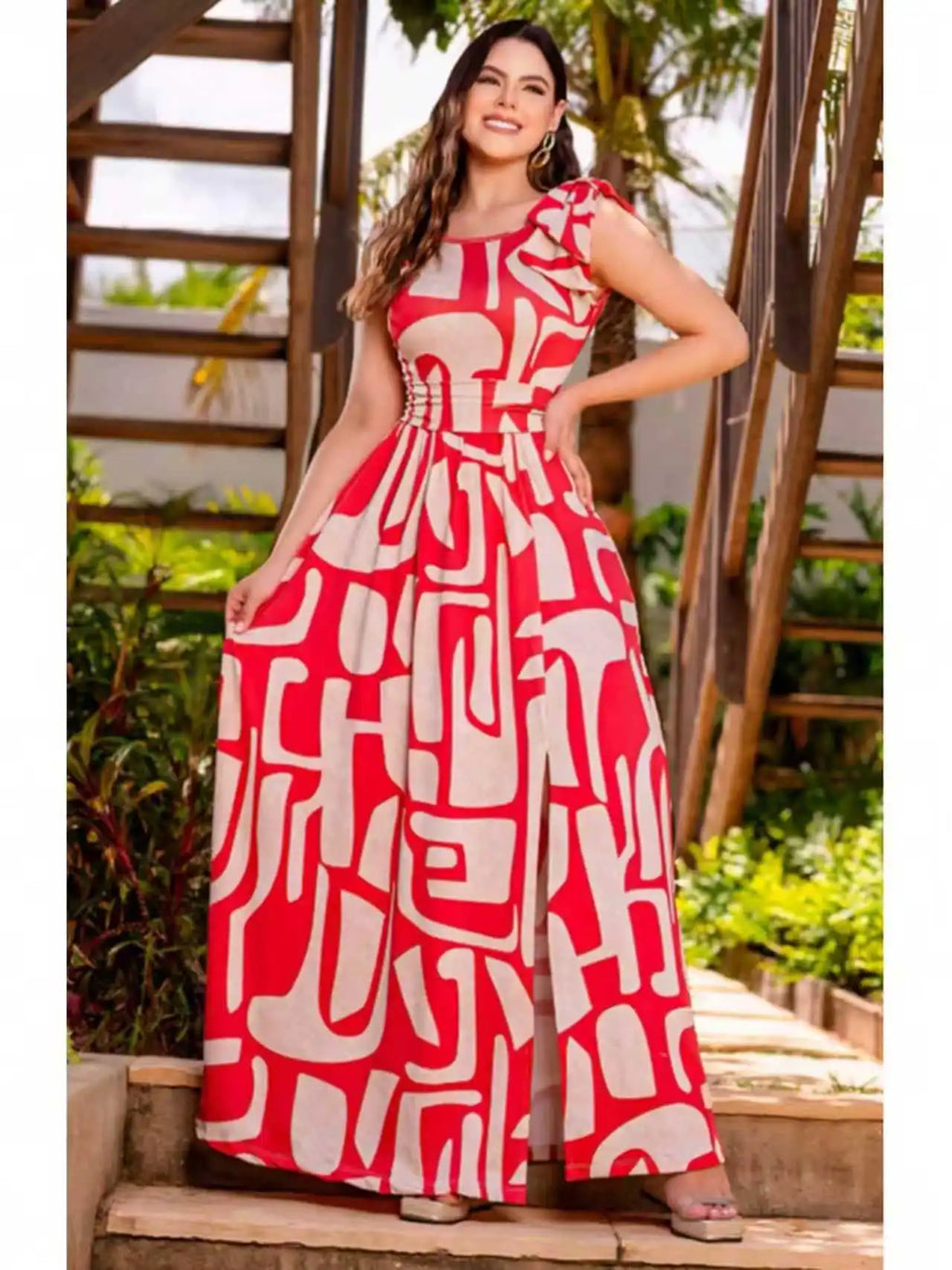 Plus size red and white geometric abstract print sleeveless maxi dress; single side bow waist cinching side slit flared hem vacation maxi dress