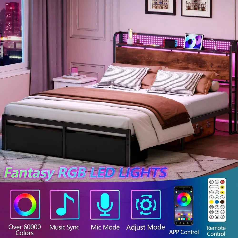 Queen Bed Frame with Headboard Storage, Charging Station, Drawers 1200 lbs Capacity, LED lights, Platform Bed Frame Queen Size,