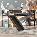 Twin Over Full Bunk Bed with Slide, Metal Frame, Safety Rails, Ladder - Black