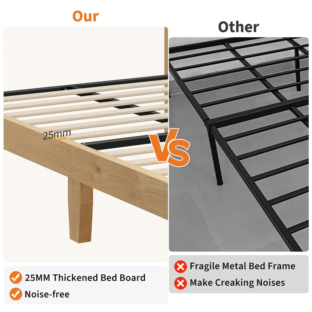 Queen Size Rattan Bed Frame with LED Lights, Boho Platform Bed with Rattan Headboard, Wooden Slats Support, No Box Spring Needed, Noise-Free, Easy Assembly, for Bedroom