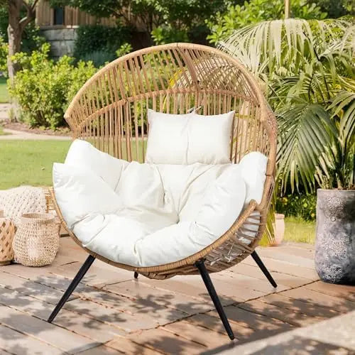 Outdoor Wicker Egg Chair PE Rattan Chair with Cushion, Oversized Patio Lounge Chair for Outdoor, Indoor, Balcony