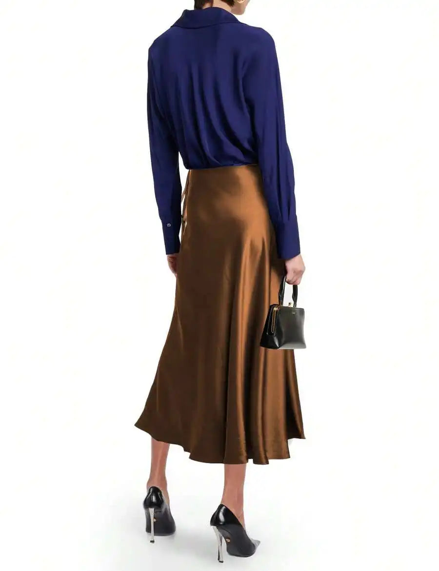 Womens Brown Satin Midi Skirt High Waisted Wrap Tie Flowy A-Line For Casual Office Date