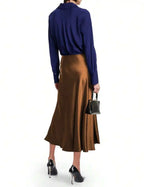 Womens Brown Satin Midi Skirt High Waisted Wrap Tie Flowy A-Line For Casual Office Date