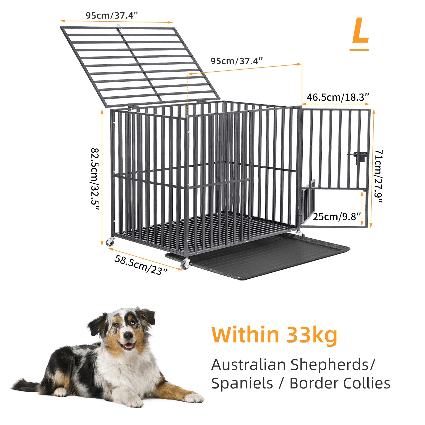 XXL XL Large Heavy Duty Dog Crate Strong Pet Cage Tear Resistant Square Tube Metal Kennel Playpen with Lockable Wheels and Tray