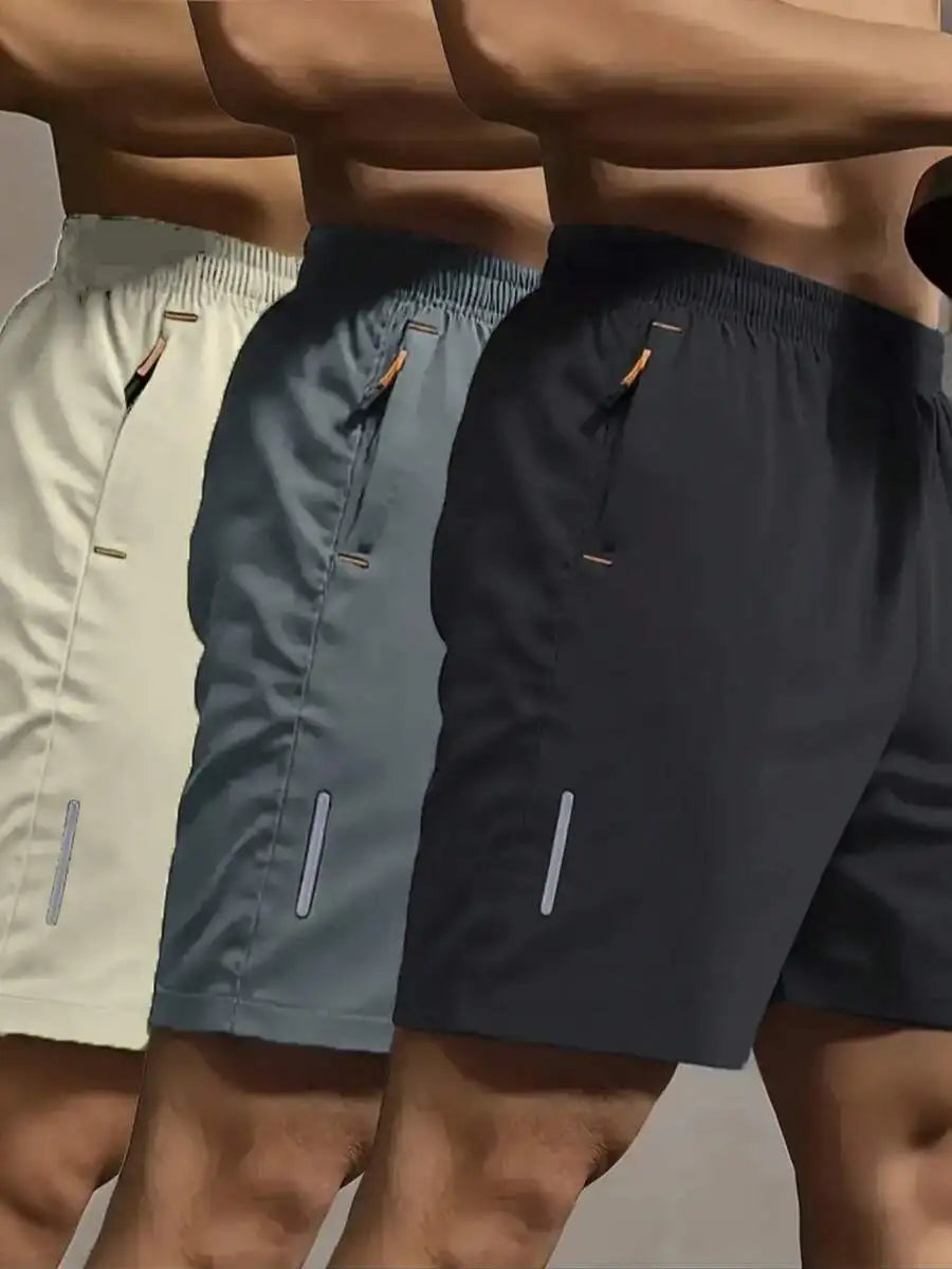 3 Pcs Mens Summer Drawstring Sports Shorts With Zipper Pockets Breathable Quick Dry For Running Hiking
