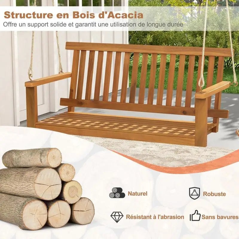 2-Seat Acacia Wood Porch Swing Bench with 2 Hanging Hemp Ropes