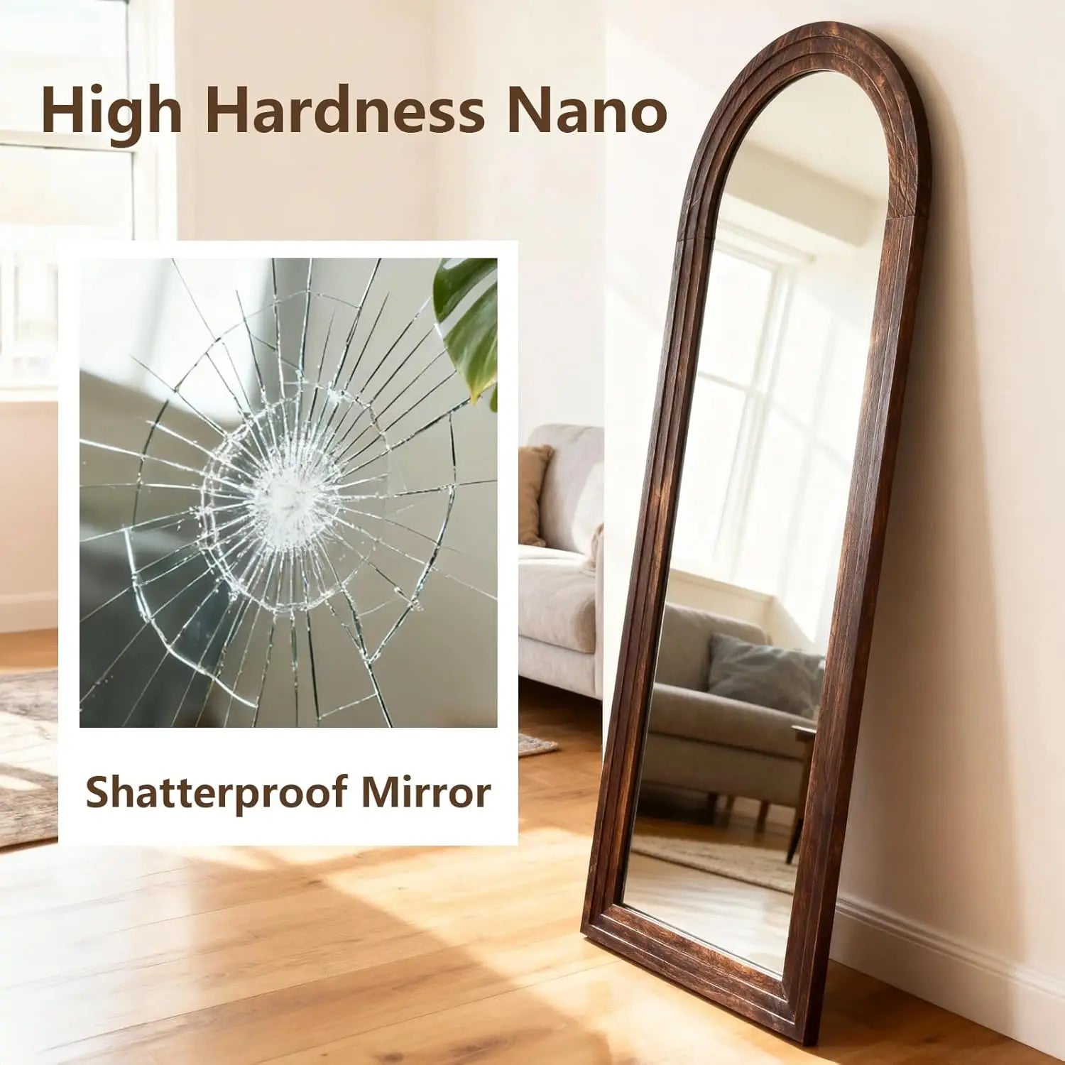 Arched Full Length Mirror 65"x22" Long Vintage Wood Floor Length Mirror with Stand Brown, Customized