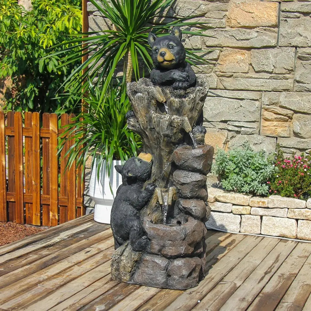 5-Level Outdoor Mountain-Themed Black Bear Climbing Tree Fountain for Garden, Patio, and Deck Relaxation